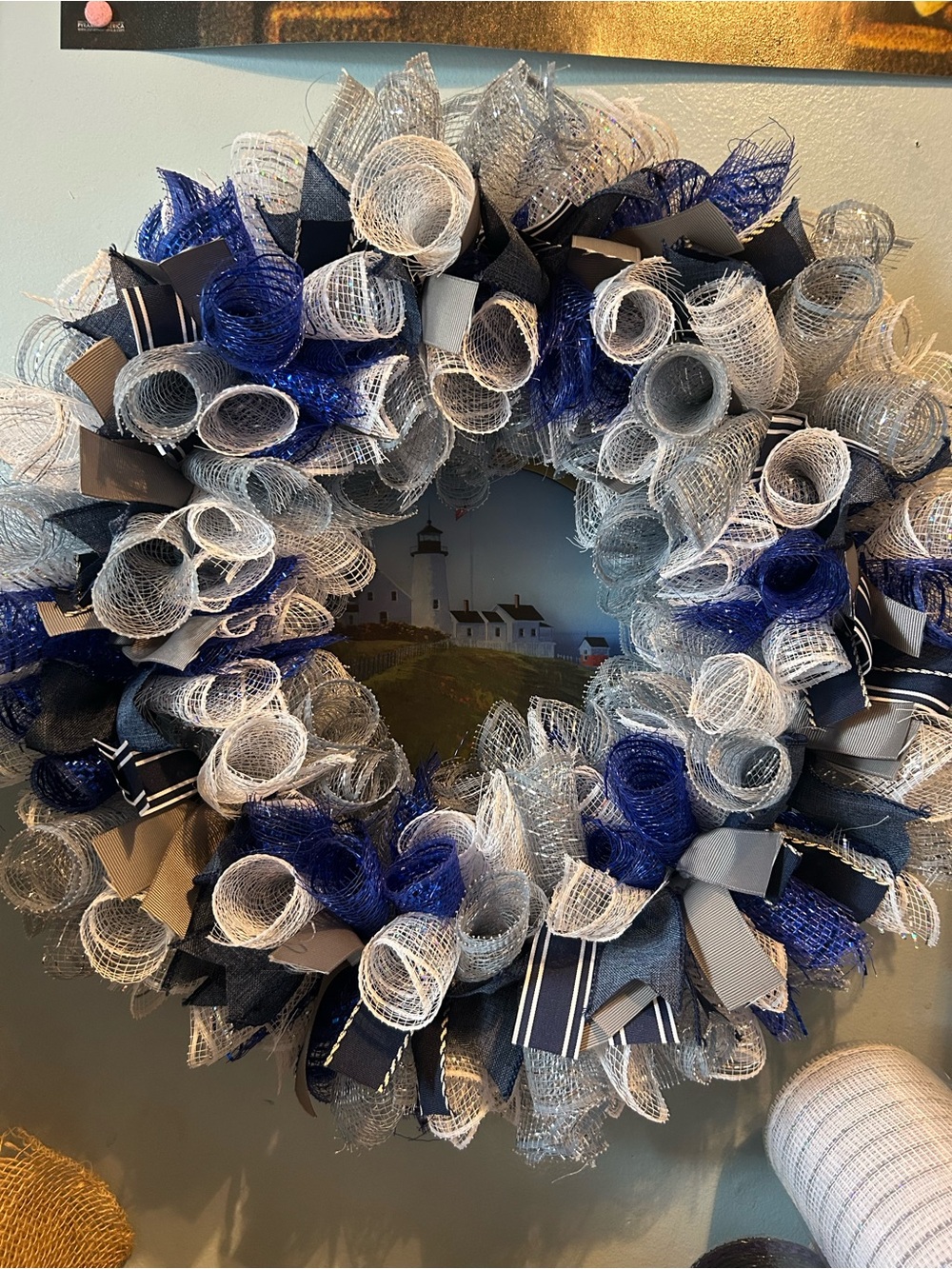 Hand Crafted Navy, Silver, and White Decorative Holiday Wreath
